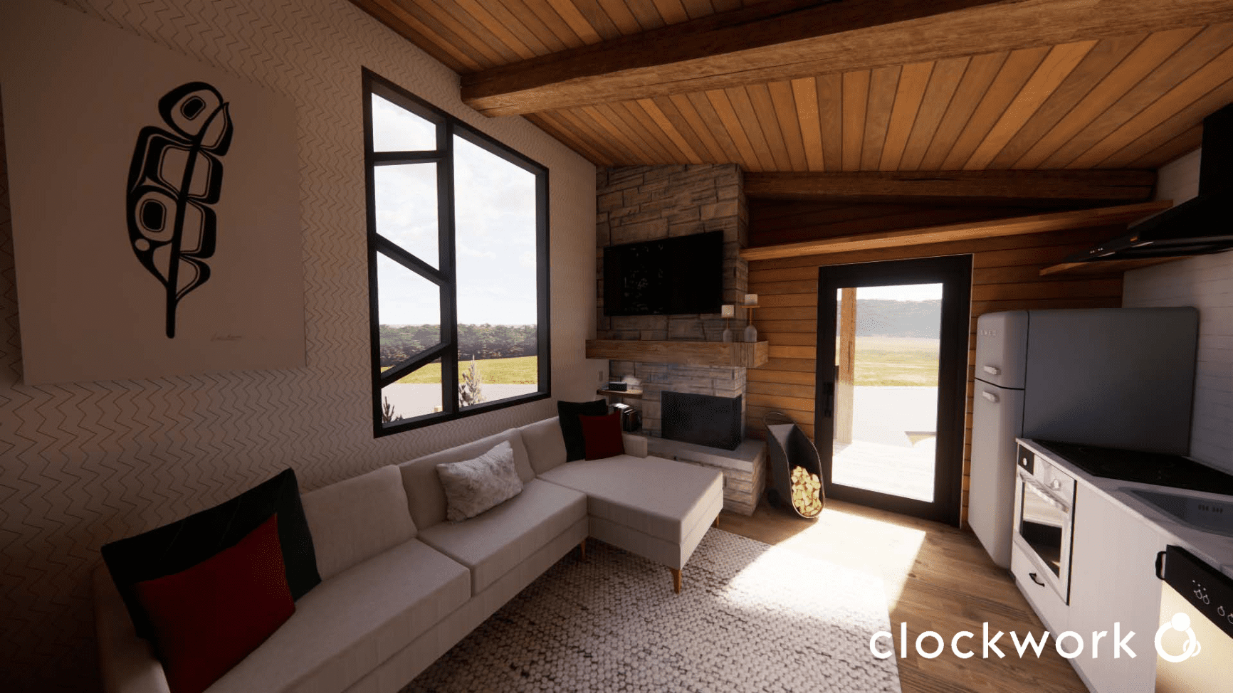 A generated image of a cabin interior with a couch